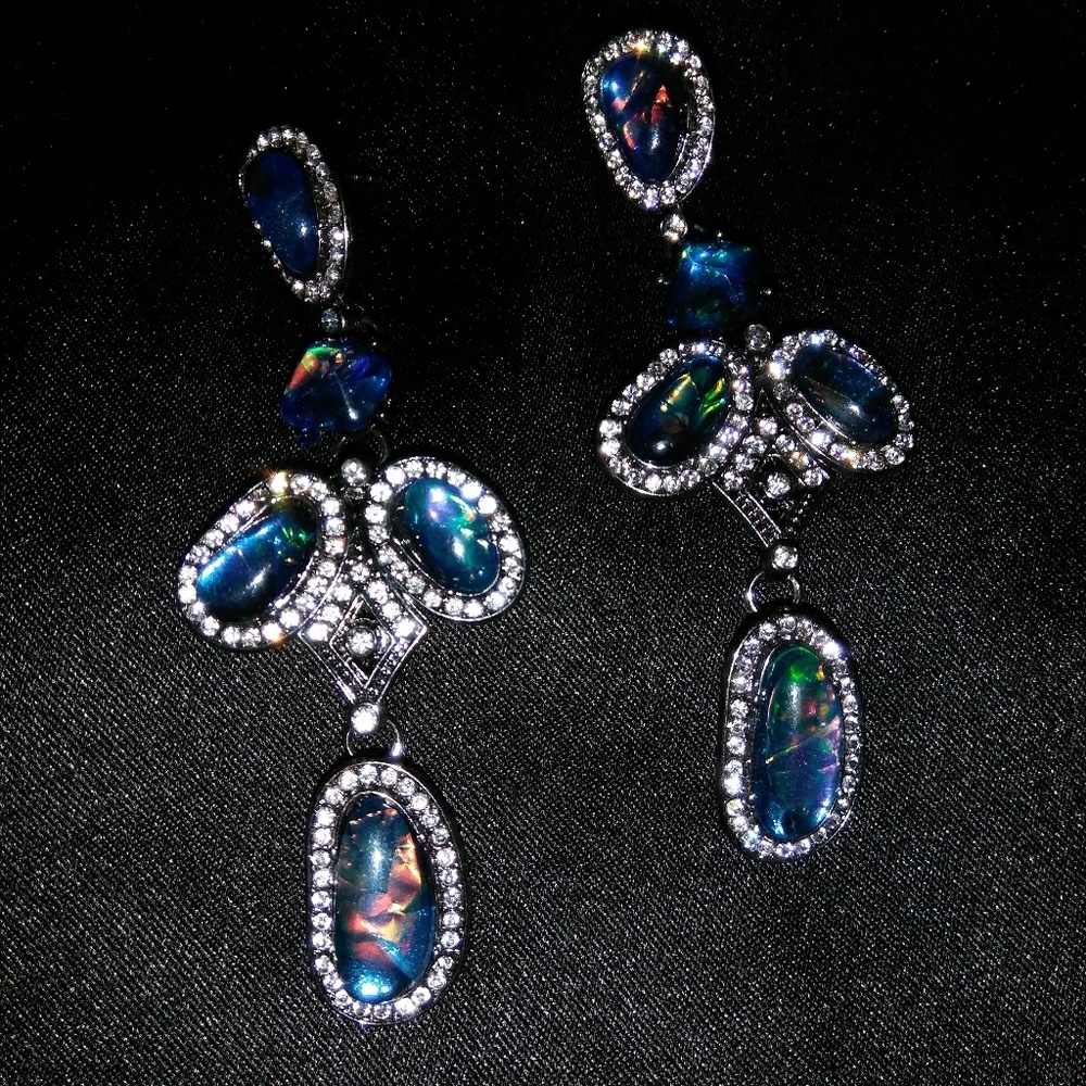 Vintage Blue Opal Diamond Drop Earrings